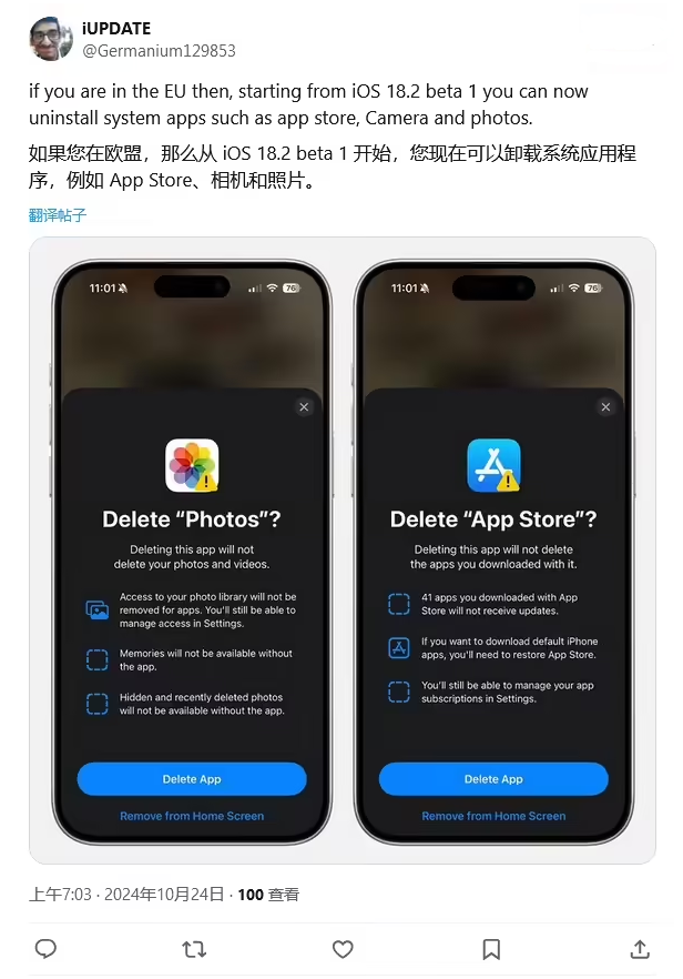 港口苹果手机维修分享iOS 18.2 支持删除 App Store 应用商店 